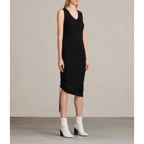 ALLSAINTS $150 Rosen Black Ribbed V-Neck Drawstring Ruched Dress Size Medium - Picture 1 of 11